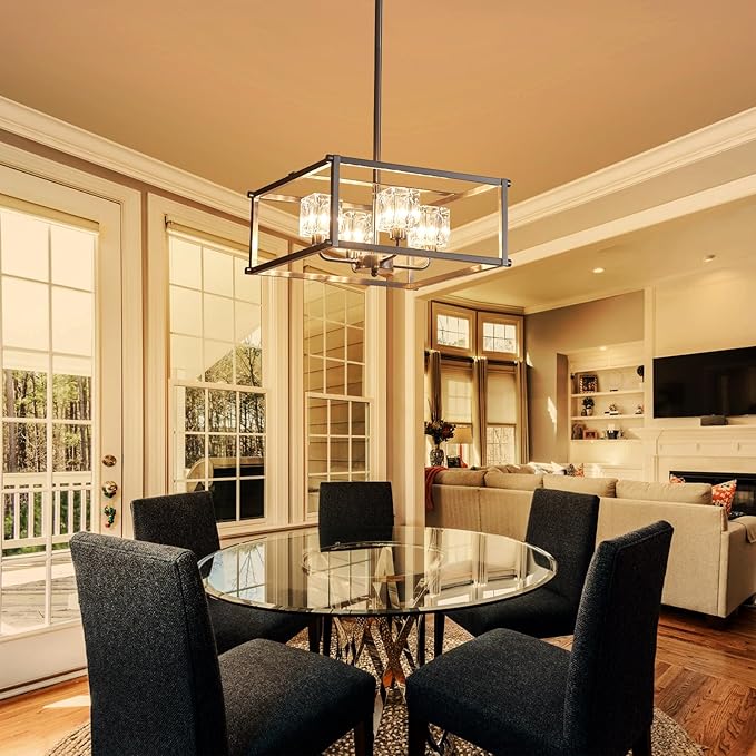 4-Light Farmhouse Chandelier for Dining Room, 15.7" Modern Brushed Nickel Ceiling Light Fixture, Adjustable Height Pendant Lighting for Kitchen, Living Room, Hallway, Bedroom, Foyer