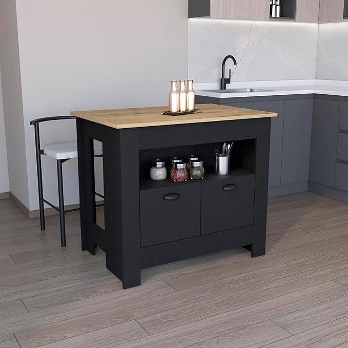 GOWE Floyd Kitchen Island 35" H, Whit 2 Doors, 3 Shelves, Black/Macadamia