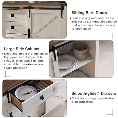 T4TREAM Farmhouse Sideboard Buffet Cabinet with Storage, 60" Large Kitchen Cabinet w/Sliding Barn Doors and 4 Drawers, 31.2'' Tall Wood Coffee Bar Table for Dining Room, Antique White