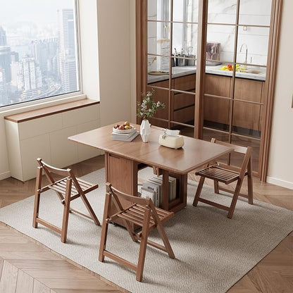 Solid Wood Folding Dining Table Extendable Dining Room Table 4 chairs, Wooden Dining Desk with Storage Wheel,Mid Century Modern Kitchen Table,Drop Leaf Table for Apartment,Living room,Walnut