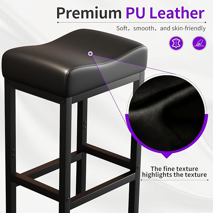 Monhey 30 Inch Bar Stools Set of 2 - Counter Height Bar Stools with Soft Leather Seat, 300LB Heavy Duty Backless Padded Barstool Chair Easy Assembly for Modern Kitchen Island Counter (Black)