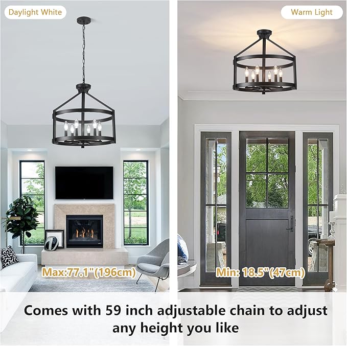 6-Light Large Farmhouse Black Chandelier, 20" Modern Hanging Pendant Lighting, Convertible Semi Flush Mount Ceiling Light Fixture Rustic Vintage Chandeliers for Dining Room Foyer Kitchen Entryway
