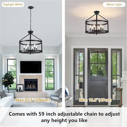 6-Light Large Farmhouse Black Chandelier, 20" Modern Hanging Pendant Lighting, Convertible Semi Flush Mount Ceiling Light Fixture Rustic Vintage Chandeliers for Dining Room Foyer Kitchen Entryway