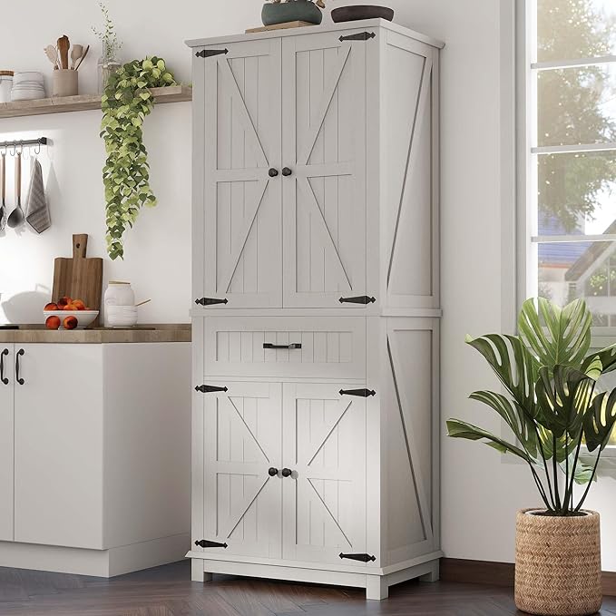 YITAHOME 72.6" H Farmhouse Kitchen Pantry Cabinet, Freestanding Tall Storage Cabinet with 4 Doors, Drawer and Adjustable Shelves, Tall Cupboard for Dining Room, Living Room, White Oak