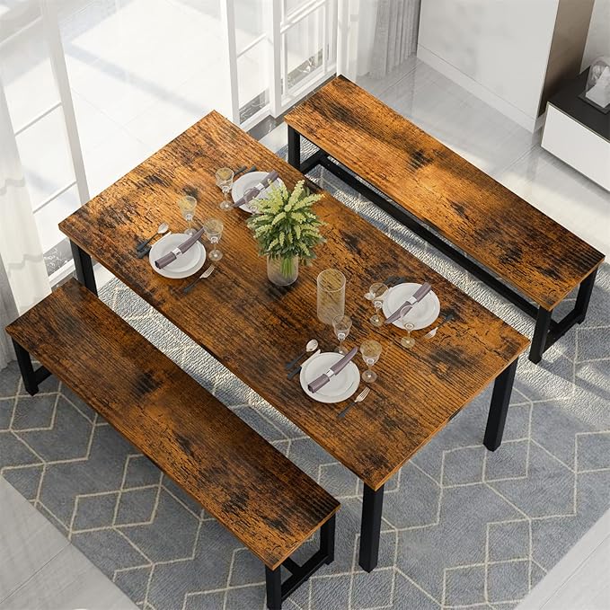 Recaceik 47" Dining Room Table Set with 2 Benches, Kitchen Dining Table Set for 4-6, Space Saving Kitchen Table and Chair Set for Dining Room, Small Space, Breakfast Nook(Brown)