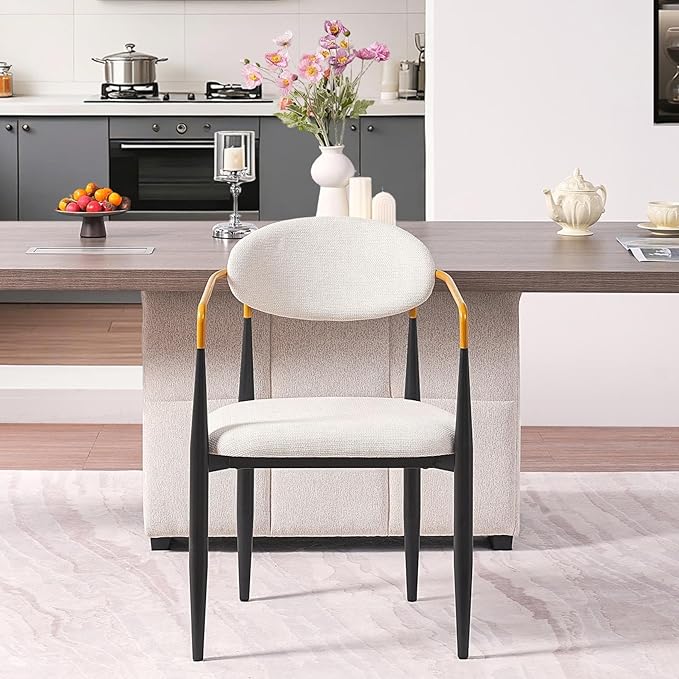 Modern Upholstered Accent Chair Set of 2 with Gold Accented Armrests, Ergonomic Barrel Back, Padded Fabric Seat, Metal Frame for Dining Room, Kitchen Island, Counter, Office (Beige,Dining Chair)