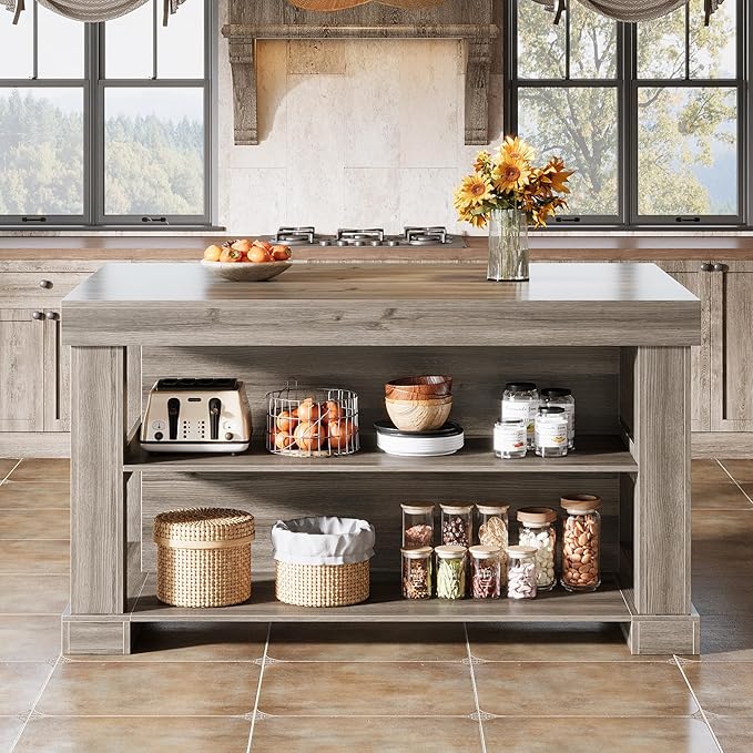 Tribesigns 55" Kitchen Island with Seating and Storage, 3-Tier Farmhouse Wood Stationary Island Table with Large Worktop & Leg Room, Coffee Bar Table with Storage Shelves for Kitchen, Grey