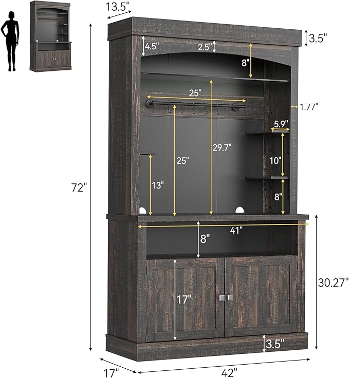 GarveeHome Coffee Bar Cabinet with LED Lights 72 in Tall Buffet Cabinet with Storage Farmhouse Kitchen Sideboard Tall Coffee Hutch with Microwave Stand/Wine Rack/Glass Shelf Dining Room (Oak Black)