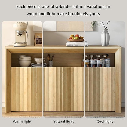 Feonase Buffet Cabinet with Storage & Led Lights, 66.2" Modern Sideboard Cabinet with 4 Doors & Shelves, Fluted Media Console Mid Century, Coffee Bar Table for Dining Room, Living Room, Kitchen, Oak