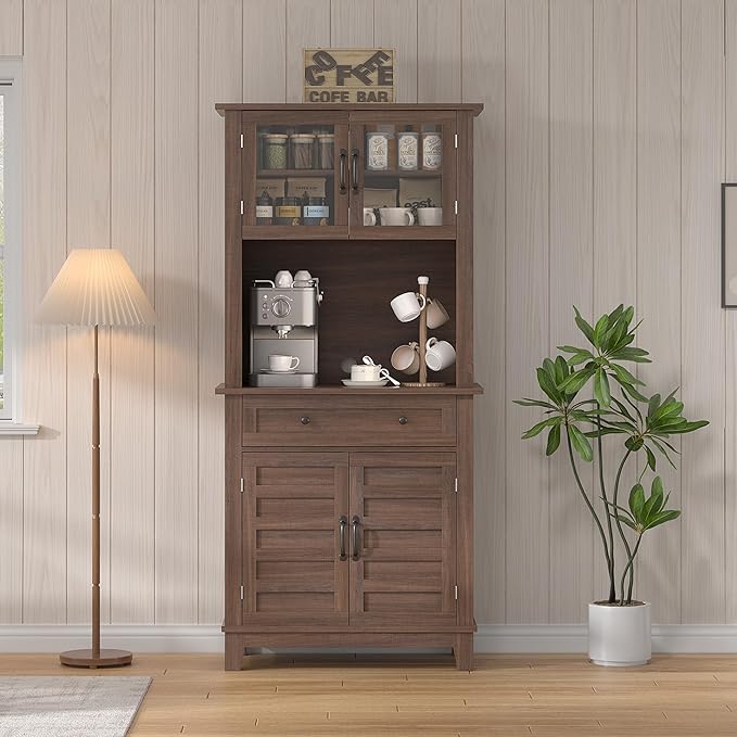 Garvee 72 in Tall Kitchen Pantry Cabinet, Kitchen Hutch Bar Cabinet with Microwave Stand, Cupboard with Drawers Glass Doors for Dining Room, Living Room, Brown