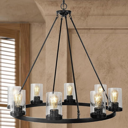 JONATHAN Y 33.5" Oil Rubbed Bronze 8-Light Rustic Farmhouse LED Chandelier, Round Metal Wagon Wheel Pendant Lighting for Dining Room Kitchen with Seeded Glass Shade (JYL7554A)
