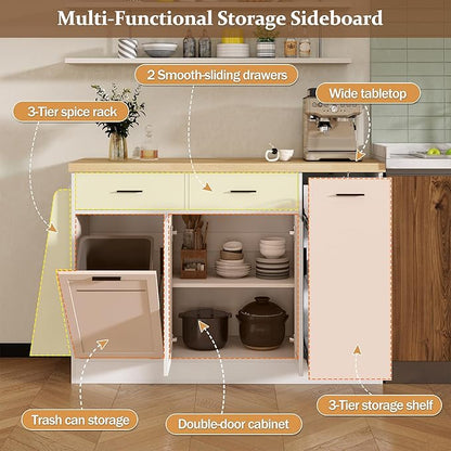 Multi-Functional Kitchen Sideboard with Trash Can Storage, Sliding Door Cabinet and 3-Tier Spice Rack, Kitchen Island Table with Drawers for Kitchen, Dining Room,WhiteParticleBoardMD
