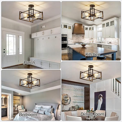 ZGLAOJT 4-Lights Close to Ceiling Light，Black Light Fixture Industrial Flush Mount Ceiling Light ，Farmhouse Chandelier Lighting for Kitchen Island Dining Room Bedroom Foyer Hallway