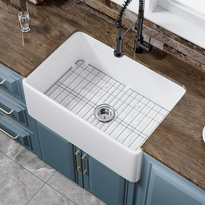 Small Farmhouse Sink 27 x 18 Inch, Firecaly Apron Front Farm Sink, Heavy Duty Single Bowl, with Accessories 2 Types, Undermount, Pure White, for Kitchen, Laundry, Small Space