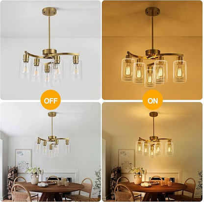 CNRATYE 6-Light Gold Chandeliers for Dining Room, Modern Kitchen Island Light Fixtures Over Table, Metal Hanging Pendant Lighting for Living Room Stairwell Entryway Bedroom, Clear Glass Shade