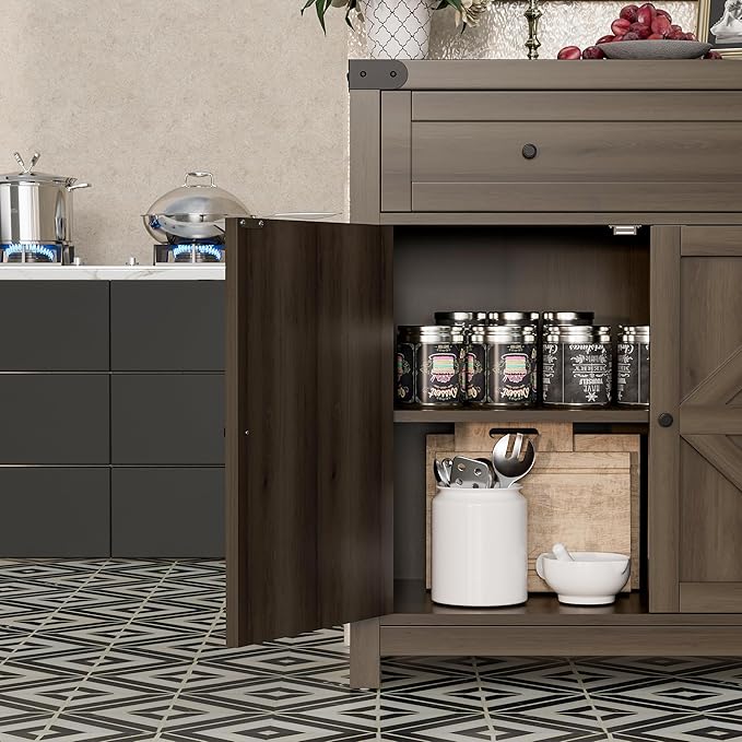 Flamaker Sideboard Buffet Cabinet with Storage, Farmhouse Coffee Bar Cabinet with 1 Drawer and 2 Barn Doors, Barn Door Console Table, Storage Cabinet for Kitchen, Dining Room, Entryway (Rustic Oak)