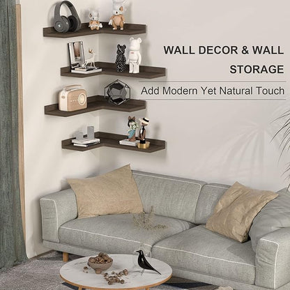 4 Tier Corner Floating Shelves Set of 4, Rustic Pine Corner Shelves for Wall Storage and Decor, L-Shaped Corner Wall Mounted Shelf for Bedroom, Living Room, Bathroom, Kitchen – Dark Brown