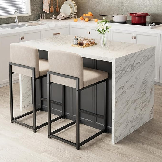 GarveeHome Bar Stools Set of 2, Modern Counter Height Bar Stools with Back and Footrest, Faux Leather Upholstered Barstools Chairs for Kitchen Island Dining Room Bar, Beige