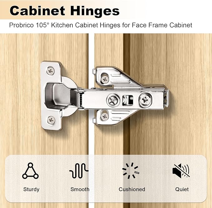 Probrico (2 Pair/4 Pack Full Overlay Soft Closing Clip On Face Frame Mounting Cabinet Hinges, 105 Degree Self Closing Kitchen Cupboard Door Hinges