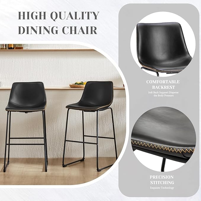 DUMOS Counter Height Bar Stools Set of 2, 30 inch Height Stool Faux Leather Barstools with Back, Armless Kitchen Island Countertop Comfortable Modern Chairs with Metal Legs - Classic Black
