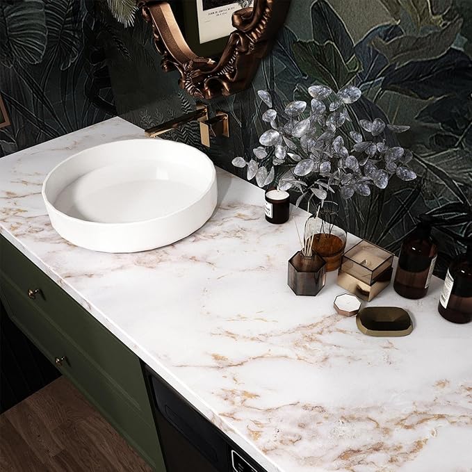 Wallercity White Gold Marble Contact Paper for Countertops Self Adhesive Peel and Stick Granite Wallapper Marble Wall Paper for Kitchen Counter Top Old Furniture Cabinets Shelf Liner Wrap 24''x315''