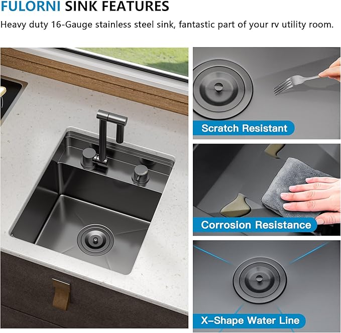 15 Inch Undermount RV Kitchen Sink Workstation - Fulorni 15"x17" Outdoor RV Mobile Camper Wet Bar Prep Sink Gunmetal Black NANO-PVD 16 Gauge 304 Stainless Steel Single Bowl Basin with Foldable Faucet