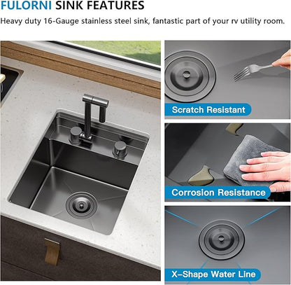 15 Inch Undermount RV Kitchen Sink Workstation - Fulorni 15"x17" Outdoor RV Mobile Camper Wet Bar Prep Sink Gunmetal Black NANO-PVD 16 Gauge 304 Stainless Steel Single Bowl Basin with Foldable Faucet