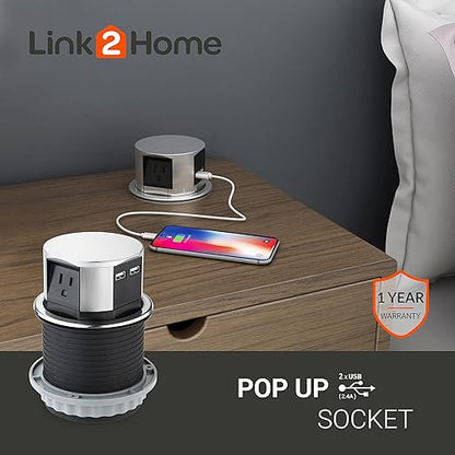 Link2Home Space Saver Pop Up-Outlet, 3 Power Outlets 15 Amp, 2 USB Ports 2.4 Amp, Overload Protection, Splash Resistant EM-PU-100E