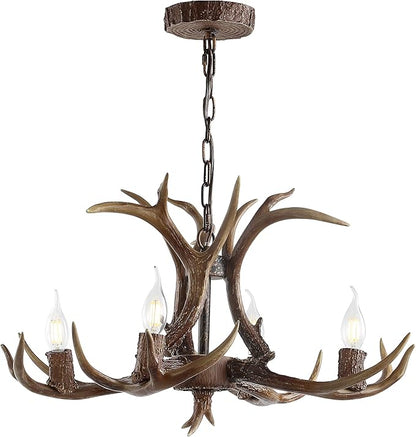 JONATHAN Y 26" Brown Rustic Resin Antler 4-Light LED Chandelier, Farmhouse Faux Deer Horn Hanging Ceiling Light for Dining Room, Kitchen Island, Adjustable Light Fixture JYL6301A