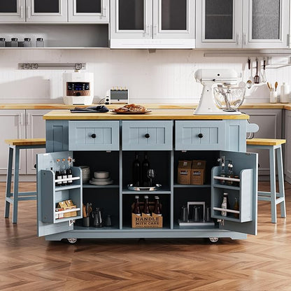 Large Kitchen Island Cart on 5 Wheels with 2 Bar Stools, Power Outlet, 3 Drawers, Kitchen Storage Cart with 5 Open Side Racks, Drop Leaf for Kitchen, Dining Room, Home Bar Grey Blue