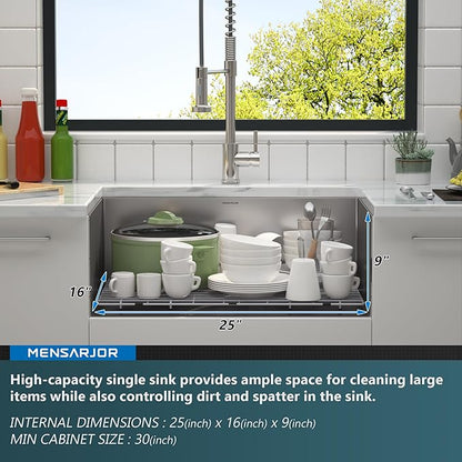 MENSARJOR Undermount Kitchen Sink, 304 Stainless Steel Round Corner Single Bowl Deep Kitchen Sinks, 10-inch Deep Large Bar Sink, 27"X18"Inch