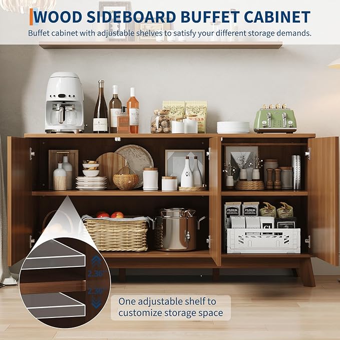 GarveeHome 58" Modern Farmhouse Sideboard Buffet Cabinet with Adjustable Shelves Storage & 4 Doors, Wood Buffet Console Table, Curved Design, Cupboard Coffee Bar Cabinet for Dining Room, Living Room