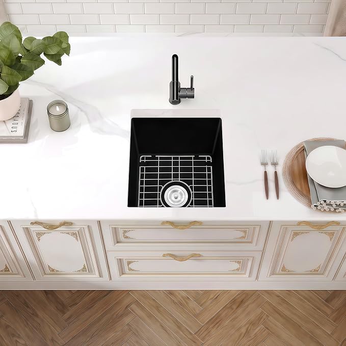Rhbamoa Black Bar Sink 18 Inch,Undermount Matte Black Granite Composite Sink,Small Wet Bar Sinks 18''x14'',Small Single Bowl Quartz Kitchen Sinks with Accessories