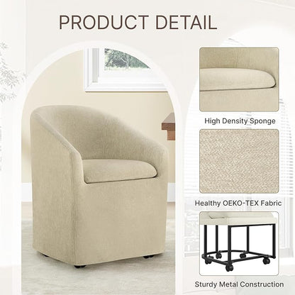 KISLOT Upholstered Dining Chairs with Casters, Washable Cover Modern Dining Room Chairs with Barrel Backrest & Dual Armrest for Kitchen, Living Room, Bedroom, Sand Fabric, 4PCS