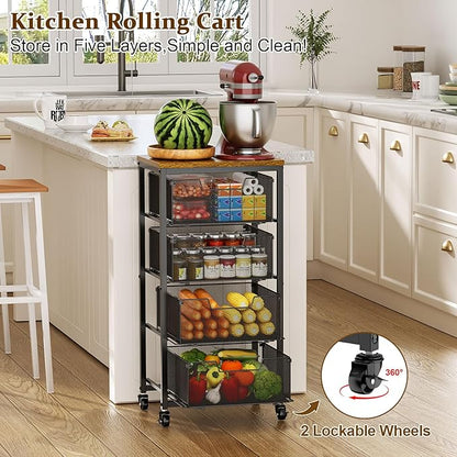 Kitchen Rolling Cart with Drawers, 4-Tier Fruit Vegetable Storage Cart on Wheels with Wooden Top, Kitchen Rolling Storage Rack to Storage Cans Snacks and Potato for Kitchen，(Patent Pending)