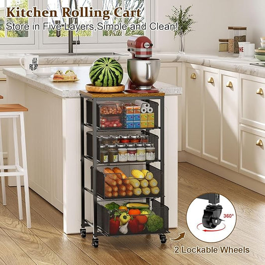 Kitchen Rolling Cart with Drawers, 4-Tier Fruit Vegetable Storage Cart on Wheels with Wooden Top, Kitchen Rolling Storage Rack to Storage Cans Snacks and Potato for Kitchen，(Patent Pending)