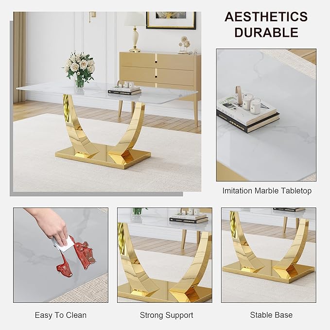 Faux Marble Dining Room Table, Modern Kitchen Table with Golden U-Shaped Base, 71" White Dining Table with Rectangular Glass Top for Dining Room and Kitchen