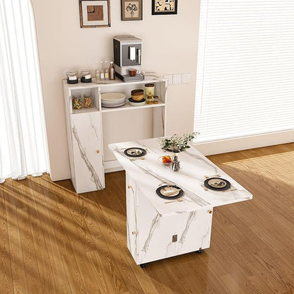 Adjustable Extendable Dining Table with Storage & Power Outlets, 15mm Eco-Friendly Board, Silent Wheels, 3-Size Modes, Space-Saving Design for Small Spaces