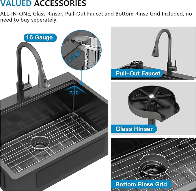 28"x22" Drop In Kitchen Sink Ledge Workstation – Gunmetal Black NANO-PVD, 16 Gauge 304 Stainless Steel Top Mount Single Bowl Sink Basin with Faucet Combo & Glass Rinser