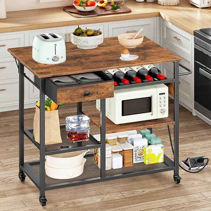 HOOBRO Kitchen Island with Power Outlet, Rolling Kitchen Cart with Drop Leaf, Island Table with Extendable Worktop and Adjustable Shelf, Kitchen Island Cart for Dining Room, Rustic Brown BF22UZD01