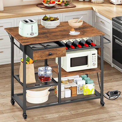 HOOBRO Kitchen Island with Power Outlet, Rolling Kitchen Cart with Drop Leaf, Island Table with Extendable Worktop and Adjustable Shelf, Kitchen Island Cart for Dining Room, Rustic Brown BF22UZD01