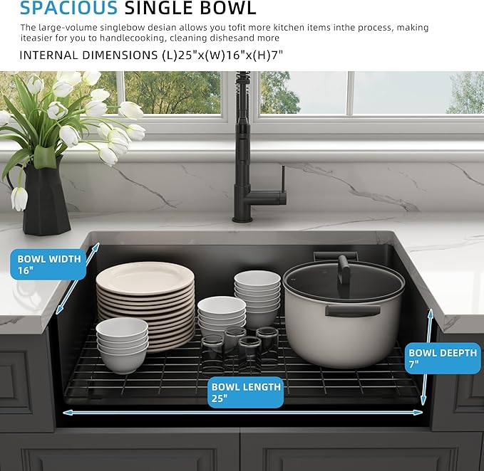 Kitsitchen Black RV Kitchen Sink,SUS304 Stainless Steel Single Bowl Black Undermount Kitchen Sink,7 Inch Depth RV Sink with Strainer & Bottom Gird, Outdoor Camper Prep Sinks(25"x16"x7")