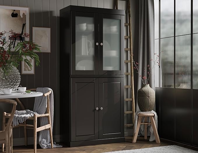 Palace Imports 100% Solid Wood Kitchen Pantry w/ 2 Frosted Glass Doors & Bottom Wooden Storage Cabinet, Black, 32" w x 71.5" h, Renewable Eco-Friendly Wood, Made in Brazil