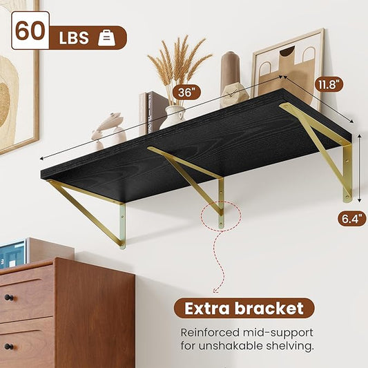 Deep Wall Shelves 36"W x 12"D Engineered Wood Floating Shelves for Wall, Sturdy Metal Bracket(Gold) Bookshelves Home Decor Storage for Living Room Bedroom Bathroom Kitchen, Set of 2, Black Finish