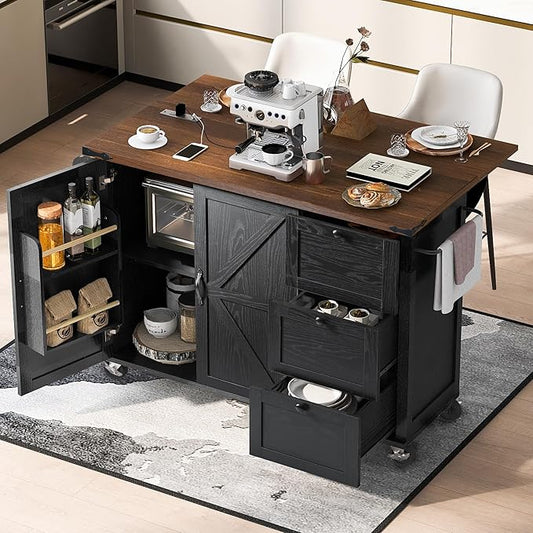 54" Farmhouse Kitchen Island with Power Outlet and Drop Leaf, Rolling Kitchen Cart on Wheels with Spice Rack & Towel Holder, Mobile Storage Island with Internal Storage Rack