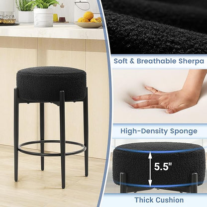 Murago Counter Height Bar Stools, Set of 2, 24" Modern Backless Bar Stools, Ideal for Kitchen Counter, Kitchen Island, Boucle Sherpa Padded Cover, with Round Soft Seat and Foot Rest, Black