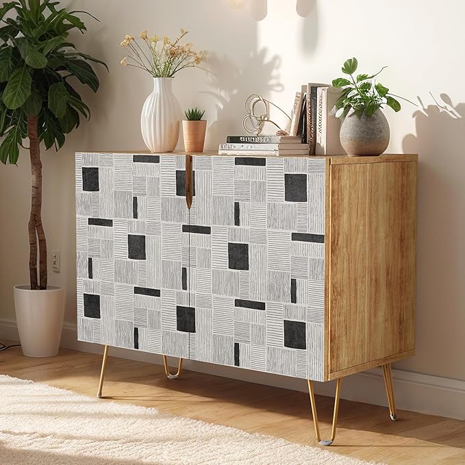 SIGNWIN Sideboard Buffet Cabinet, Kitchen Storage Cabinet with 2 Doors, Duotone Gray & Black Polygon Pattern, Cupboard Console Table for Dining Room - 35" L x 18" W x 29" H