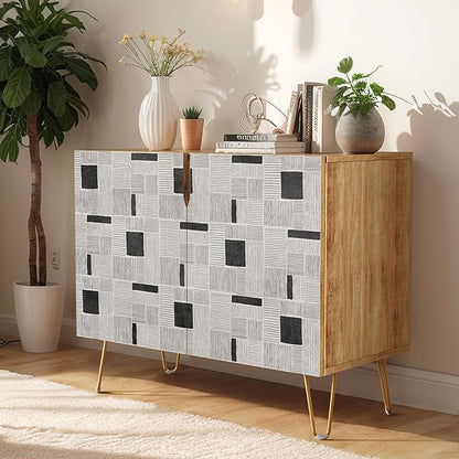 SIGNWIN Sideboard Buffet Cabinet, Kitchen Storage Cabinet with 2 Doors, Duotone Gray & Black Polygon Pattern, Cupboard Console Table for Dining Room - 35" L x 18" W x 29" H