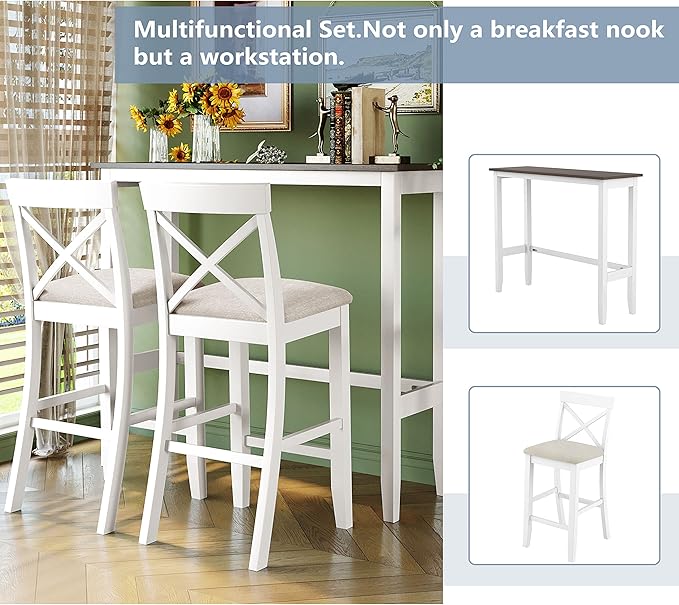 VilroCaz Farmhouse 3-Piece Counter Height Wood Kitchen Dining Sets, Home Bar Pub Kitchen Breakfast Set, 48'' Long Bar Table with 2 Upholstery Chairs for Small Places (Cherry+White)