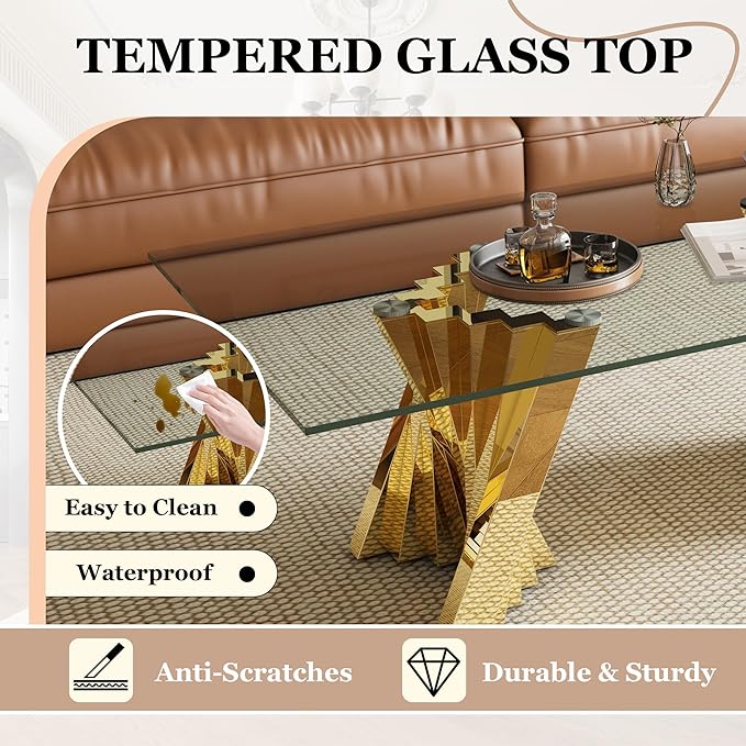 Glass Coffee Table, 51" Coffee Table with Tempered Glass Tabletop and Mirror Finish Stainless Steel Legs, Modern Rectangular Center Table for Living Room, Office